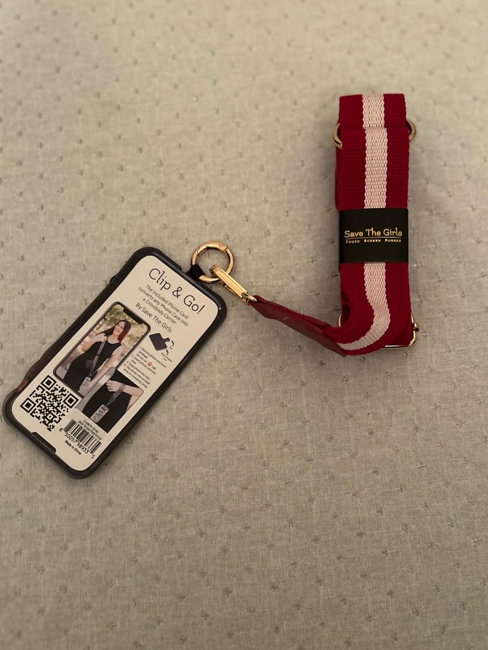 Save The Girls Clip & Go Crossbody Phone Strap w/ Phone Card Insert, Red/White